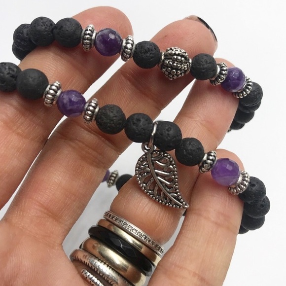 Genuine Amethyst & lava rock leaf bracelets set - Picture 7 of 9